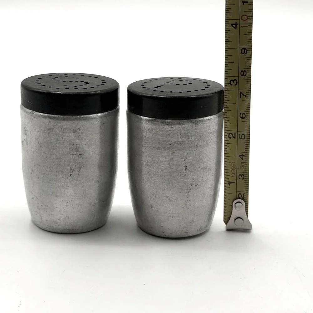 Vintage Mid Century Modern Aluminum Salt and Pepper Shakers Black Lids S P Set‎